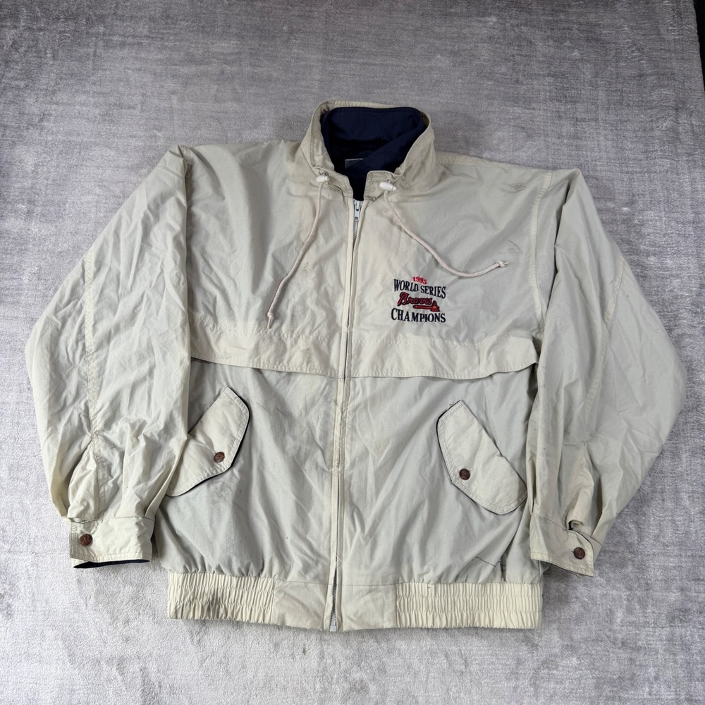 Vintage Atlanta Braves Jacket Men Large Cream 1995 World Series Windbreaker MLB